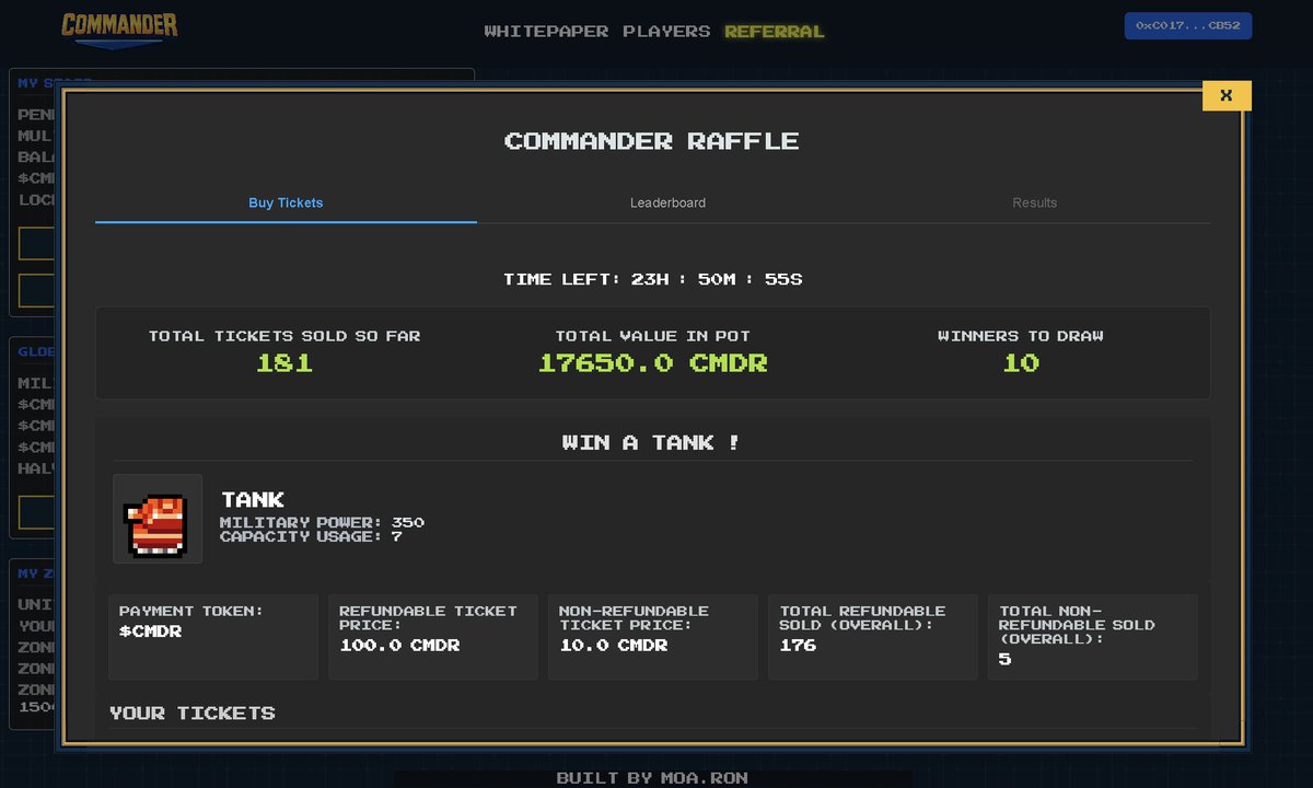 🎖️ New Raffle on Commander 

10 Winners will get a Tank🔥 

100 $CMDR per refundable ticket
10 $CMDR per non-refundable ticket
