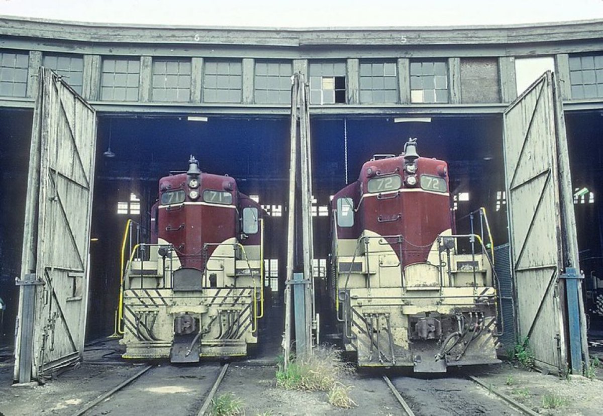 Toronto, Hamilton &amp; Buffalo 71 &amp; 72 at the TH&amp;B Chatham Street roundhouse, Hamilton, ON.

TH&amp;B 71 was the first locomotive out of the new GM plant in London, ON. September 1979 🇨🇦

Roger Puta Collection
Description by Marty Bernard
Public Domain 🇺🇸