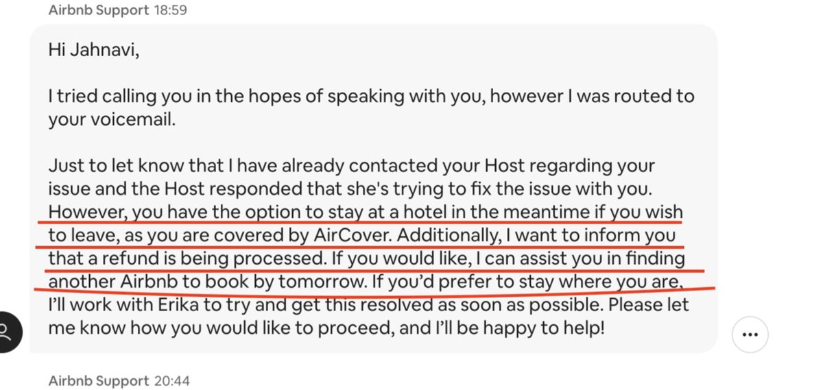 JahnaviPra2752's tweet photo. @Airbnb I complained to Airbnb within two hours of check-in on the 26th at 5 pm, citing their AirCover policy, which applies to issues reported within 72 hours. However, I received no response until around 5 pm the next day, when Airbnb finally messaged me to confirm that I'm Aircovered https://t.co/wtpHwC0uwO