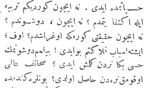 “ne içün gördüğüm terbiyye ile iktifā ėtmedim? ne içün düşündüm? ne içün hakīkati görmeğe uğraşdım? off, işte esbāb-ı felāketim bu idi! bilmem, düşünmek hissi baŋa nereden gelmiş idi? sahāʾif-i ʿālemi okumak nereden hāsıl oldı?”