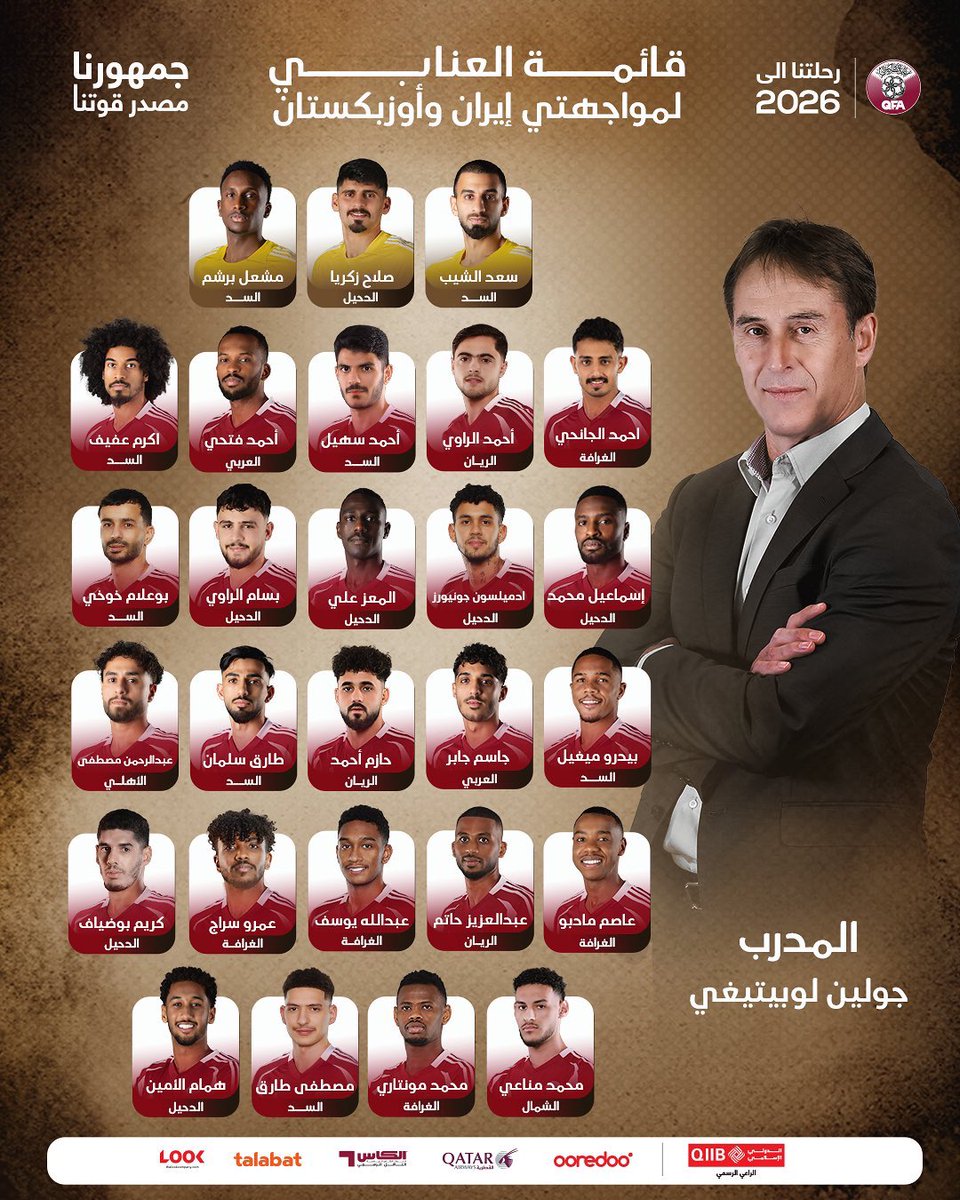 منتخبات | قائمة منتخب قطر في التصفيات التي ستواجه إيران وأوزبكستان في الشهر الحالي 🇶🇦 

• 8 من السد
• 7 من الدحيل
• 4 من الغرافة
• 3 من الريان
• 2 من العربي
• واحد من الشمال، واحد من الأهلي