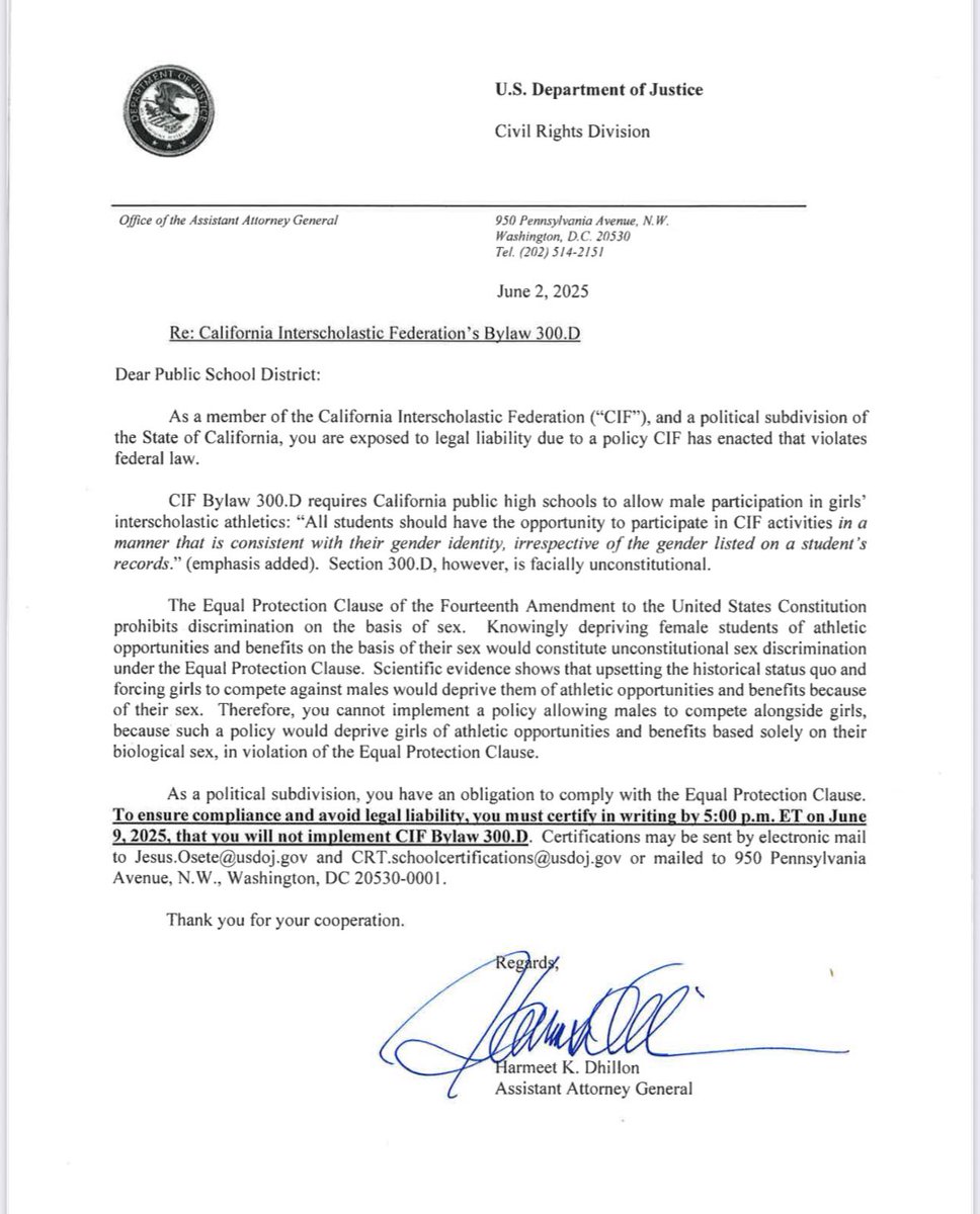 The US Department of Justice has given California a deadline of June 9 to change its policies allowing trans athletes in girls sports. The announcement comes two days after a biological male won two girls' track and field state championships.
