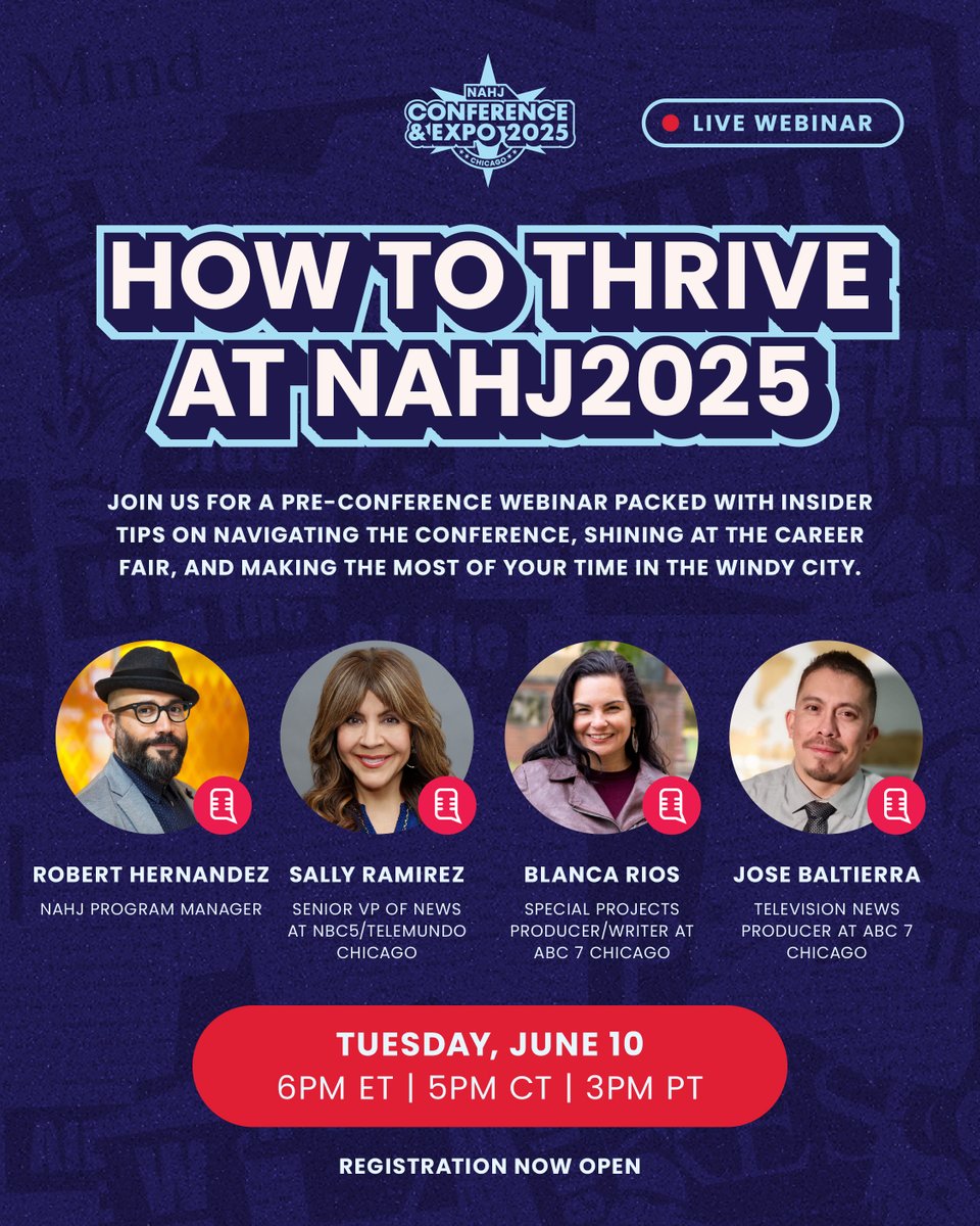 brios7 (@brios7) on Twitter photo Joining us in Chicago for #NAHJ2025? Whether you're a newbie or conference vet, we've got the webinar for you. Hear from <a href="/SallyRamirez/">Sally Ramirez</a> and NAHJ program manager Robert Hernandez on how to prepare.
Register here: nahj.memberclicks.net/howtothrivenah… Joining us in Chicago for #NAHJ2025? Whether you're a newbie or conference vet, we've got the webinar for you. Hear from <a href="/SallyRamirez/">Sally Ramirez</a> and NAHJ program manager Robert Hernandez on how to prepare.
Register here: nahj.memberclicks.net/howtothrivenah…