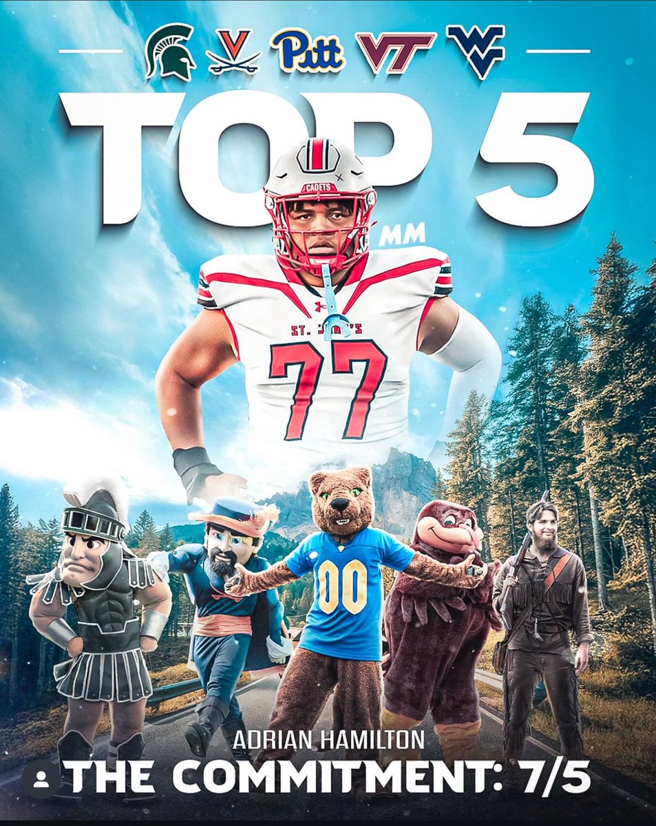 2026 OL Adrian Hamilton has released his Top 5 schools on his IG. 

- Michigan State
- Virginia 
- Pitt
- Virginia Tech
- West Virginia