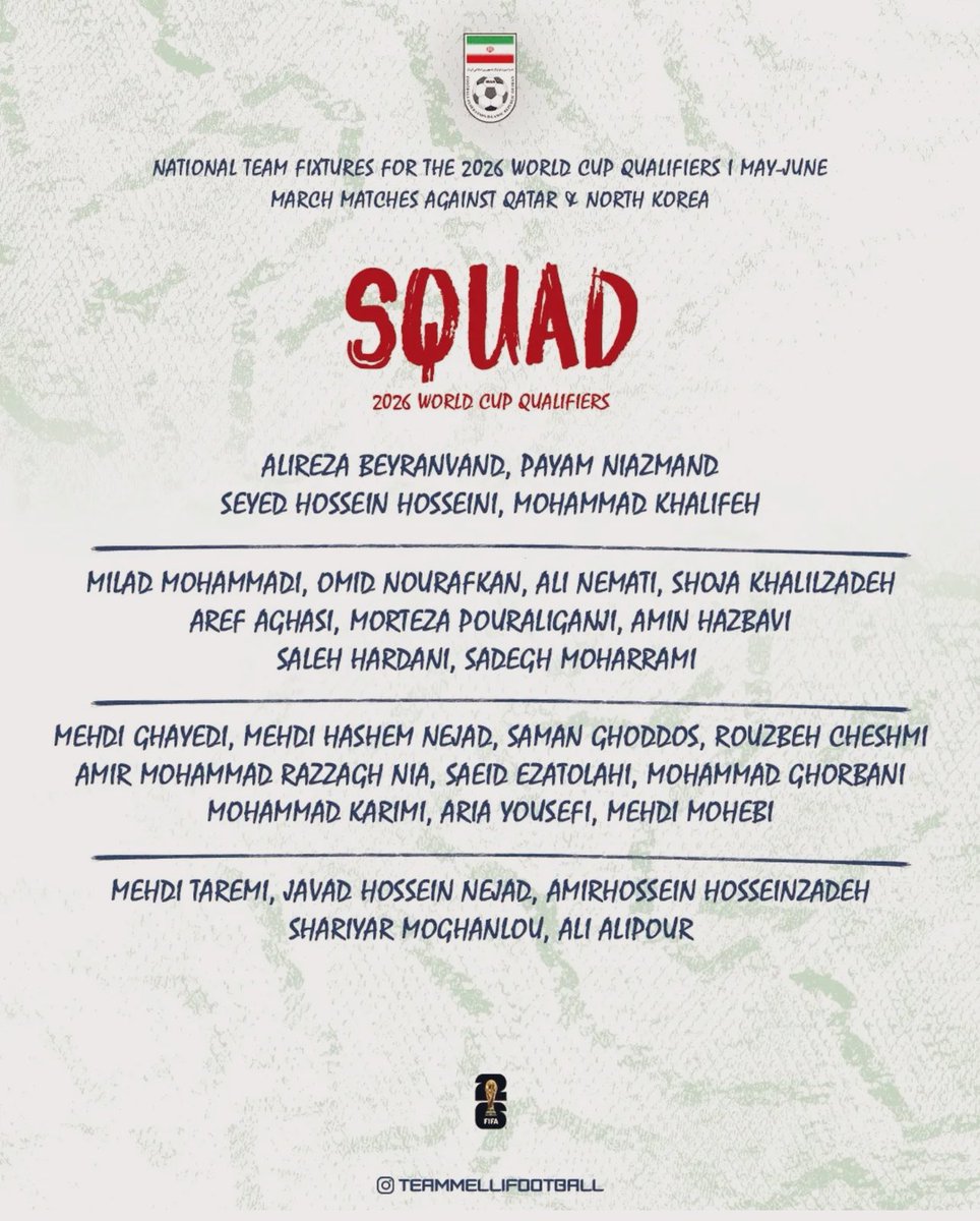 قائمة منتخب إيران التي ستشارك في التصفيات 🇮🇷 

• 5 من سابهان 
• 5 من تركتور
• 4 من بيرسبوليس 
• 3 من استقلال 
• واحد من فولاد، المونيوم اراك، غل غوهر 

• 5 من الدوري الإماراتي 🇦🇪 
• 1 من انتر 🇮🇹 
• 1 من زغرب 🇭🇷 
• 1 من دينامو 🇷🇺