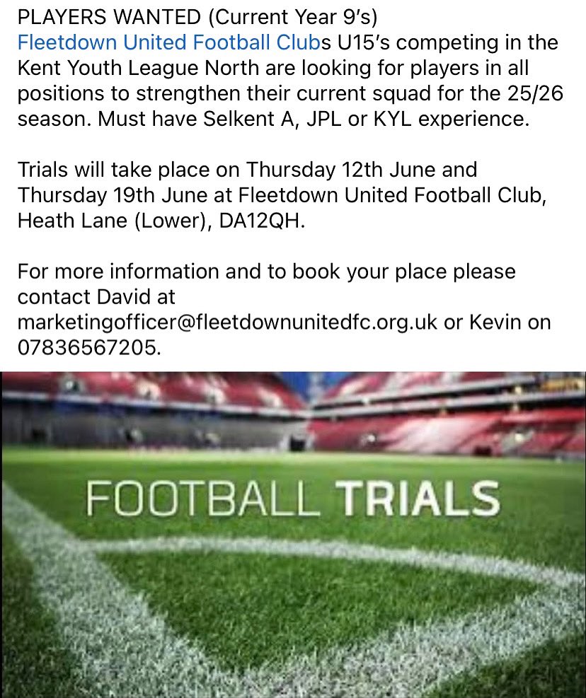 Our U15s playing in the Kent Youth League North are looking for players in all positions. Trials on 12th &amp; 19th June. <a href="/KentYouthLeague/">KentYouthLeague</a> <a href="/SelkentYFL/">Selkent Youth League</a>