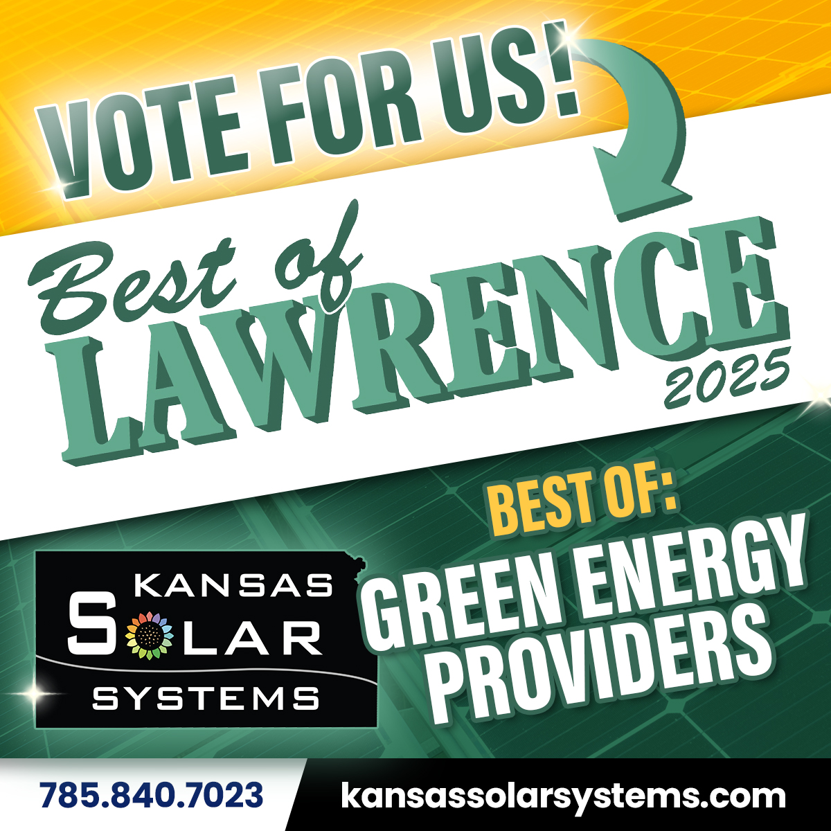 KSSolarSystems's tweet image. We’re honored to be nominated for Best Green Energy Provider in the Best of Lawrence 2025 awards! We greatly appreciate your vote and your support! 🗳️💚 Vote all the way through Saturday, June 7th! #KansasSolar #Vote #LawrenceKS

✅ Vote here: ow.ly/6kZa50W2TAJ