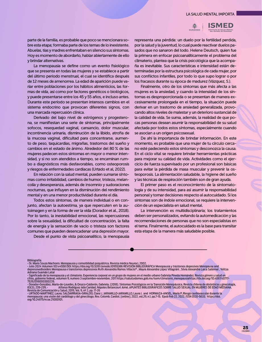 Te invitamos a leer acerca de interesantes temas de salud mental, este mes en la revista Celebra con la psicóloga Xóchitl Santiago Gámiz quien escribió sobre " Importancia del autocuidado y la salud mental en la etapa de la menopausia".