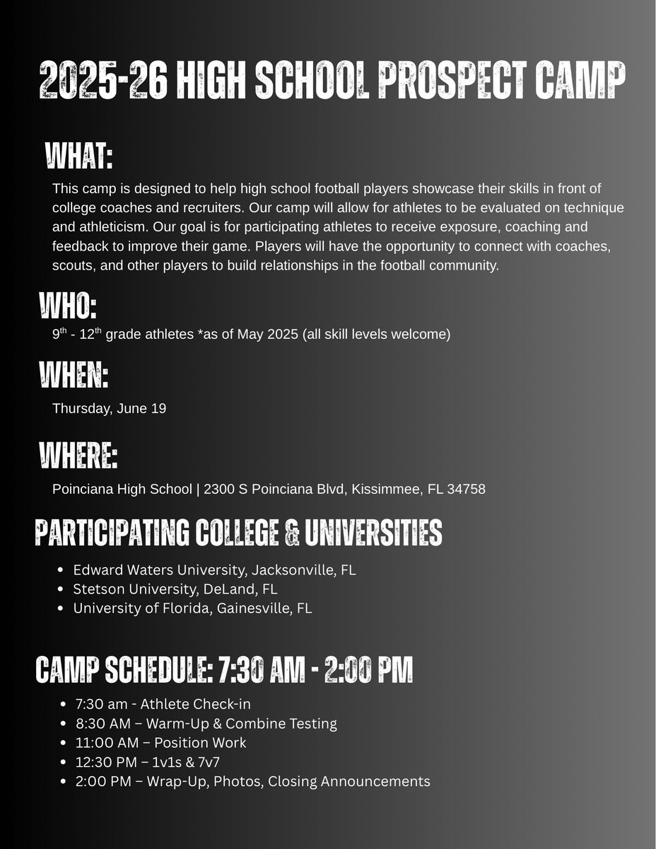 Small College Prospect Camp @ Poinciana HS 6/19 only $50.