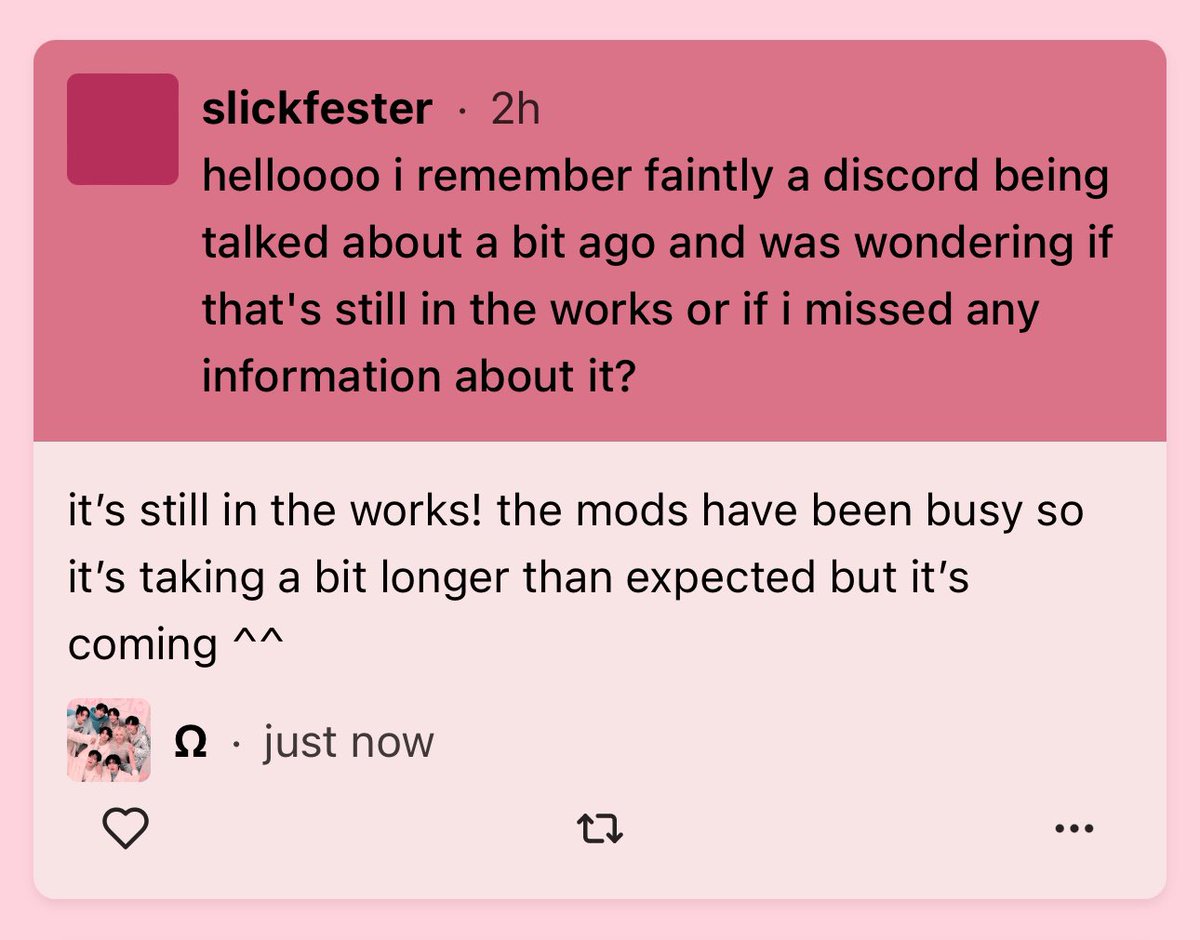 helloooo i remember faintly a discord being talked about a bit ago and was wondering if that's still in the works or if i missed any info — it’s still in the works! the mods have been busy so it’s taking a bit longer than expected but it’s coming ^^  neospring.org/+r/18801360211…