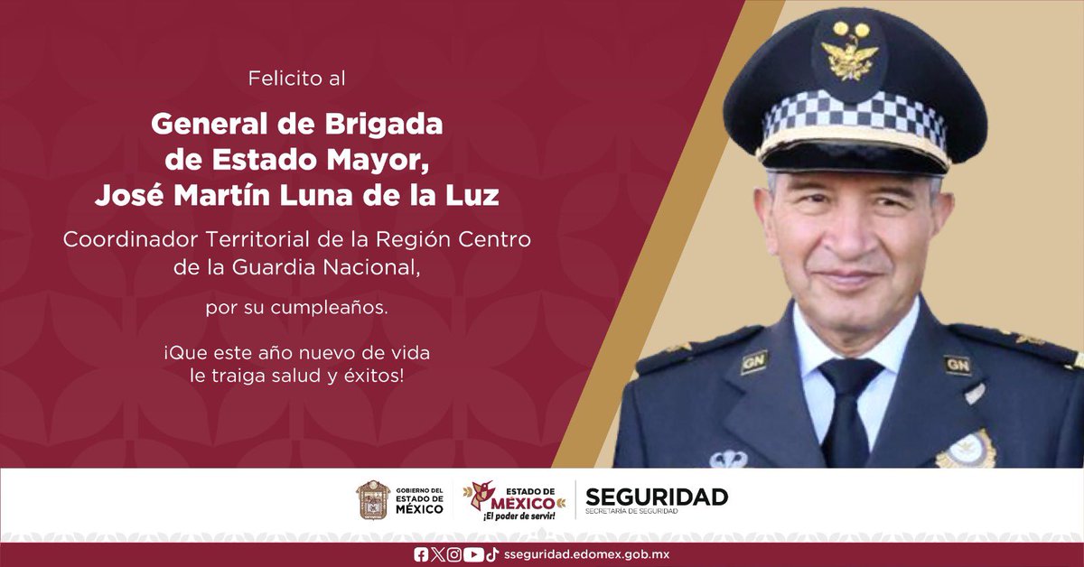 Cristóbal Castañeda (@mtro_ccastaneda) on Twitter photo Extiendo mi felicitación al Gral. de Brigada de Estado Mayor, José Martín Luna de la Luz, Coordinador territorial de la “Región Centro” de la <a href="/GN_MEXICO_/">Guardia Nacional</a>, con motivo de su cumpleaños.
¡Mis mejores deseos! Extiendo mi felicitación al Gral. de Brigada de Estado Mayor, José Martín Luna de la Luz, Coordinador territorial de la “Región Centro” de la <a href="/GN_MEXICO_/">Guardia Nacional</a>, con motivo de su cumpleaños.
¡Mis mejores deseos!