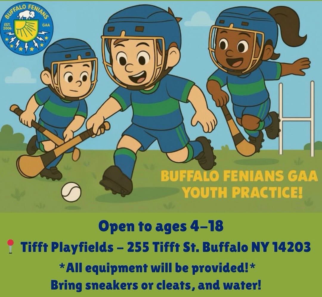 Join us tonight for youth Hurling practice! It’s a beautiful day, so bring your kiddos to Tifft play fields at 5:30-6:15 to try it out!