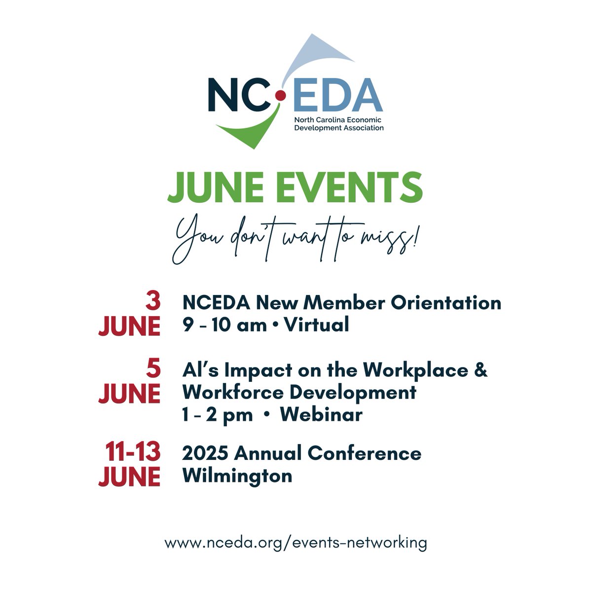 A new month brings fresh opportunities to connect, learn, and grow with your NCEDA family! Check out our upcoming events and be sure to register. We can’t wait to see you there!

For more information on these events and more, visit: nceda.org/events-network…

#NCEDA #EconDev