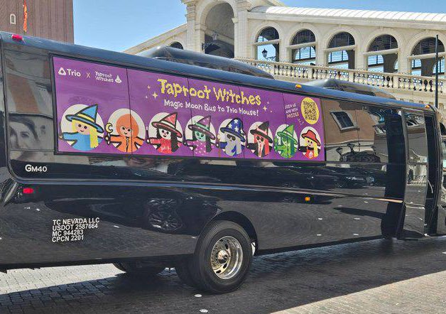 TaprootWitches's tweet photo. VEGAS WAS MAGICAL! 🪄✨

Thank you to the @trio_xyz team for bringing the Magic Moon Bus to life with us, and thank you to everyone we had the pleasure of connecting with last week! ❤️

Welcome to the Coven, new Witches! 🧙‍♀️ 

The winners of our Moon Bus Witch GA will be announced on the 5th of June, so turn on your notifications! 🔔
