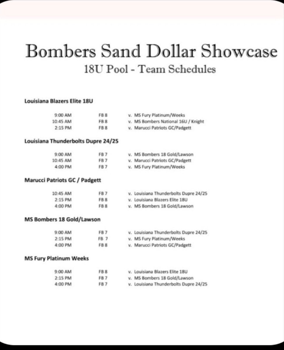 Aspen Benscoter (@aspenbenscoter) on Twitter photo Schedule for this weekend at the Bombers Sand Dollar Showcase! Come out and watch us play!! ❤️ <a href="/coachclairg/">Coach G</a> <a href="/briannagriffwcc/">Brianna Griffiths</a> <a href="/MarucciPPadgett/">Marucci Patriots - Padgett 18u</a> <a href="/bpatzig1/">Brandon Patzig</a> <a href="/CoachOAllZones/">AllZonesFastpitch</a> <a href="/chipolasoftball/">Chipola Softball</a> Schedule for this weekend at the Bombers Sand Dollar Showcase! Come out and watch us play!! ❤️ <a href="/coachclairg/">Coach G</a> <a href="/briannagriffwcc/">Brianna Griffiths</a> <a href="/MarucciPPadgett/">Marucci Patriots - Padgett 18u</a> <a href="/bpatzig1/">Brandon Patzig</a> <a href="/CoachOAllZones/">AllZonesFastpitch</a> <a href="/chipolasoftball/">Chipola Softball</a>