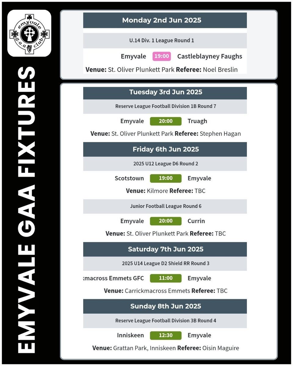 Emyvale GAA &amp; LGFA Fixtures: 
2nd–8th June 2025