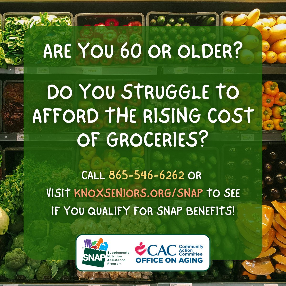 If you're 60+ and are struggling with the rising cost of groceries, you may be eligible for SNAP (Supplemental Nutrition Assistance Program) benefits. Call us at 865-546-6262 or visit knoxseniors.org/snap to learn more! #SNAP #Knoxville #Groceries #Seniors