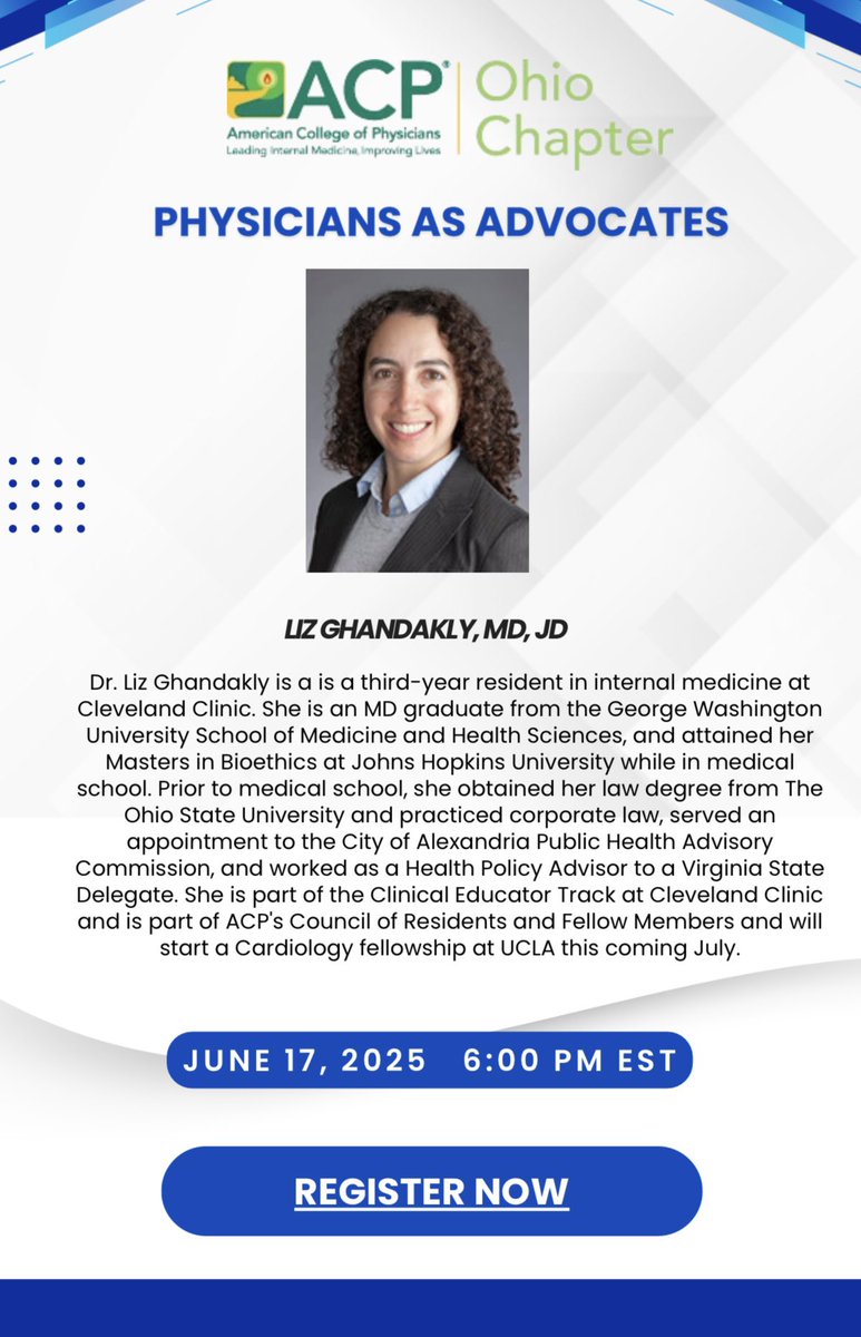 ACP Ohio (@ohioacp) on Twitter photo Are you a Medical Student or Resident member of <a href="/ACPIMPhysicians/">ACP</a> with an interest in Advocacy?
Join <a href="/LizGhandakly/">Liz Ghandakly, MD JD</a> and <a href="/medpedshosp/">Med Peds Hospitalist</a> on June 17th, 2025 to learn more about "Physicians as Advocates"
<a href="/CCF_IMCHIEFS/">Cleveland Clinic IM</a> <a href="/ClevelandClinic/">Cleveland Clinic</a> <a href="/CincyIM/">Eric Warm</a> <a href="/Mud_Fud/">Richard M. Wardrop III, MD, PhD, MACP, SFHM, FAAP</a> <a href="/hvarghai/">Houman Varghai</a> <a href="/OhioMedicine/">Ohio State Medical</a> 1/2 Are you a Medical Student or Resident member of <a href="/ACPIMPhysicians/">ACP</a> with an interest in Advocacy?
Join <a href="/LizGhandakly/">Liz Ghandakly, MD JD</a> and <a href="/medpedshosp/">Med Peds Hospitalist</a> on June 17th, 2025 to learn more about "Physicians as Advocates"
<a href="/CCF_IMCHIEFS/">Cleveland Clinic IM</a> <a href="/ClevelandClinic/">Cleveland Clinic</a> <a href="/CincyIM/">Eric Warm</a> <a href="/Mud_Fud/">Richard M. Wardrop III, MD, PhD, MACP, SFHM, FAAP</a> <a href="/hvarghai/">Houman Varghai</a> <a href="/OhioMedicine/">Ohio State Medical</a> 1/2