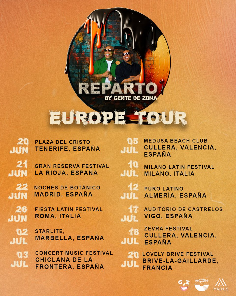 ¡Mi gente de Europa! 🔥 Estamos a pocos días de vernos y comenzar el “Reparto by GDZ- Europe Tour”

¿Están listos? 

¡Ahora es cuando comienza el verano con Gente De Zona! 🔥 

#EuropeTour #GenteDeZona #Tour #RepartobyGenteDeZona #TourDates