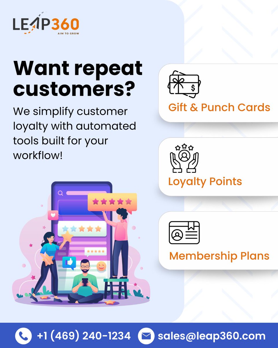 Leap360CRM's tweet image. Want loyal customers?

Automate retention with LEAP360:

✅Gift &amp;amp; Punch Cards
✅Loyalty Points
✅Memberships

Book demo - leap360.com/demo

#customerloyalty #giftcards #retentiontools #membershipprograms #playareabusiness #LEAP360