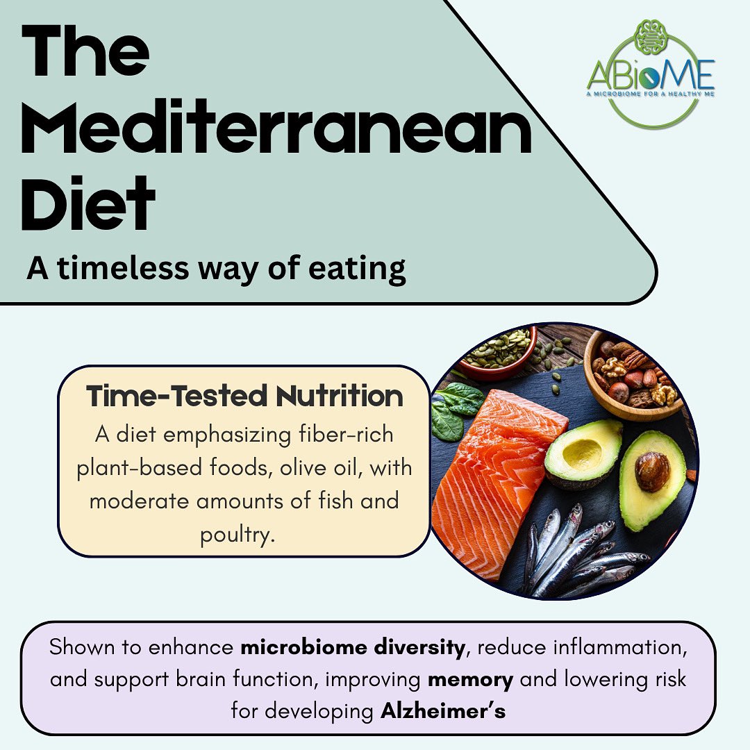 ABioME (@a_biome) on Twitter photo The Mediterranean Diet isn’t just another fad. It’s a centuries old, research backed approach to health. Rich in fiber and healthy fats, it has been shown to support a diverse gut microbiome, reduce inflammation, and even lower the risk of developing Alzheimer’s. 🧠🥗 The Mediterranean Diet isn’t just another fad. It’s a centuries old, research backed approach to health. Rich in fiber and healthy fats, it has been shown to support a diverse gut microbiome, reduce inflammation, and even lower the risk of developing Alzheimer’s. 🧠🥗