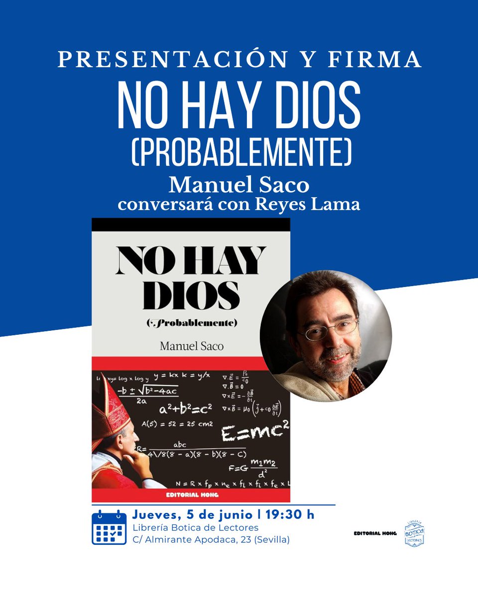 📅 Jueves, 5 junio · 19:30 h
📍 #BoticaDeLectores – Santa Catalina
Presentamos #NoHayDiosProbablemente, de Manuel Saco, con Reyes Lama.
Fe pasada por el filtro de la razón. Historia, crítica y ninguna reverencia.
Entrada libre.

#EnsayoCrítico