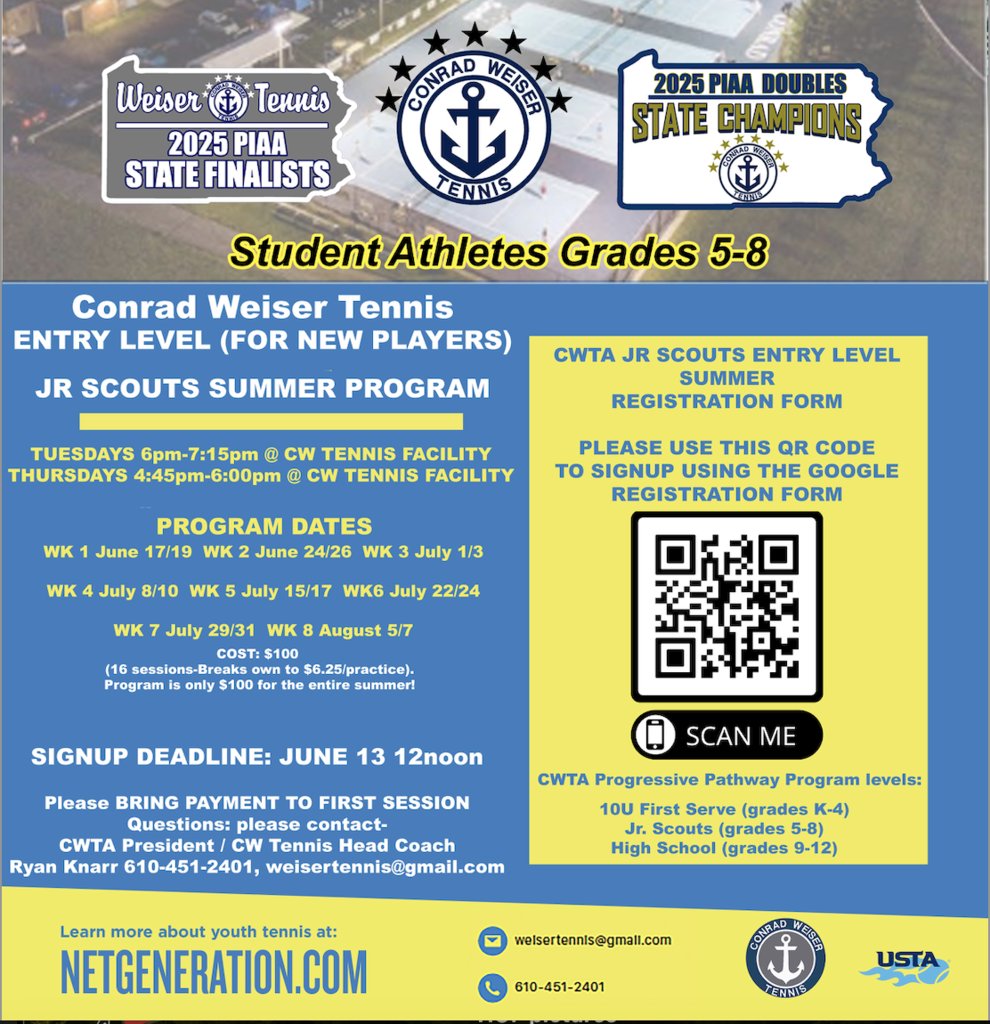 Conrad Weiser MS (@weiserms) on Twitter photo 🎾 Weiser Tennis Summer Programs!
🏆 Award-winning tennis for beginner players:
👧 Grades 1–4: 10U First Serve
🧑 Grades 5–8: Jr. Scouts
📅 8 weeks | Starts June 17
✅ Learn skills, strategy & have fun!
<a href="/Weiser10is/">Weiser_Tennis</a>
#CWTA #YouthTennis #WeAreWeiser 🎾 Weiser Tennis Summer Programs!
🏆 Award-winning tennis for beginner players:
👧 Grades 1–4: 10U First Serve
🧑 Grades 5–8: Jr. Scouts
📅 8 weeks | Starts June 17
✅ Learn skills, strategy & have fun!
<a href="/Weiser10is/">Weiser_Tennis</a>
#CWTA #YouthTennis #WeAreWeiser