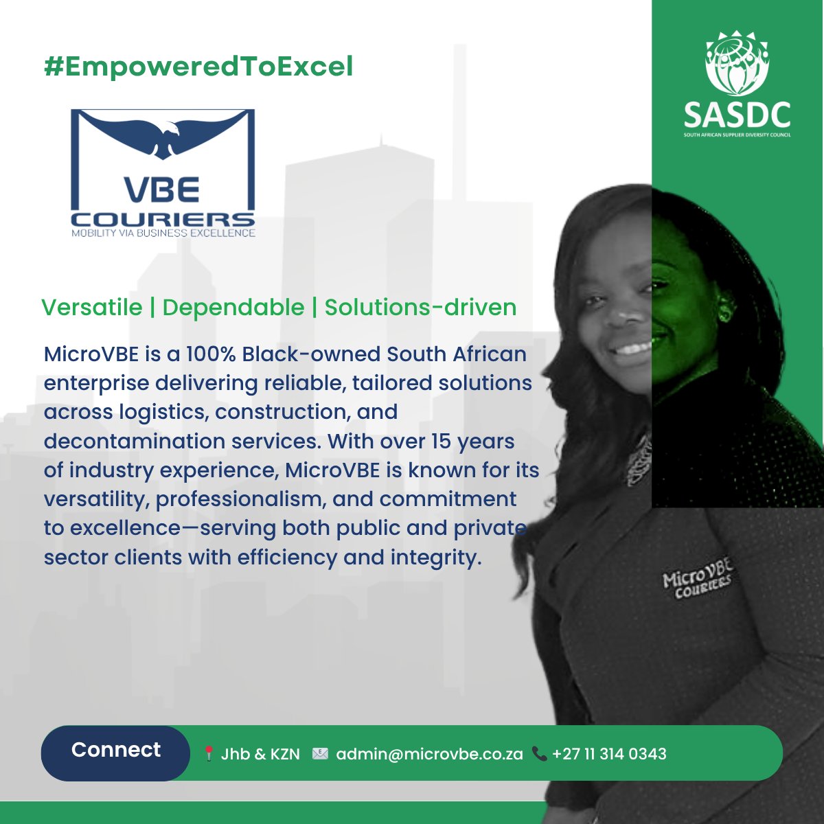 sa_sdcouncil's tweet image. Next in our #EmpoweredToExcel series: MicroVBE – a Black-owned, tech-driven supply chain consultancy delivering smart solutions in logistics, construction, decontamination &amp;amp; more.

Based in Joburg 🇿🇦
🌐 microvbe.co.za
#SASDC #ProcurementExcellence #BlackOwnedBusiness