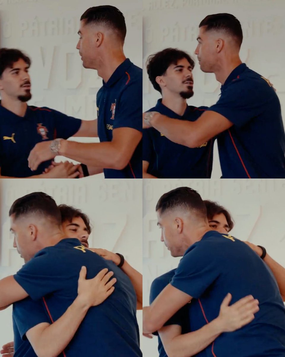 Cristiano Ronaldo recibiendo y felicitando a Vitinha después de verlo conquistar la Copa de Europa con el PSG. Abrazo entre Mr. Champions y el nuevo campeón de la Champions en la concentración de la Selección de Portugal. MOMENTAZO.
