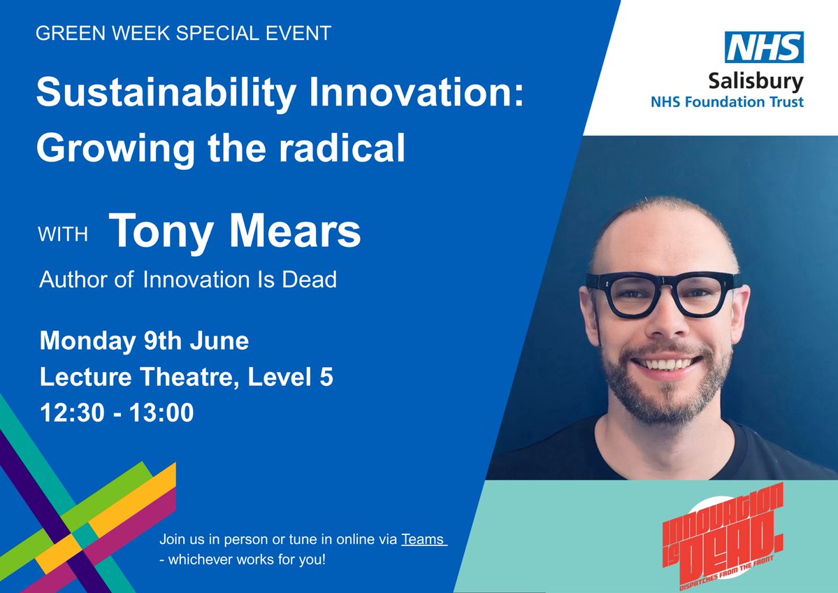 SFT Sustainability (@sustainablesft) on Twitter photo We’re thrilled to have our very own Tony Mears <a href="/SalisburyNHS/">Salisbury Hospital</a> leading a thought-provoking Green Week session next week, focusing on bold thinking, real sustainability, and the future of innovation.
👥 Open to all colleagues <a href="/SalisburyNHS/">Salisbury Hospital</a>, <a href="/RUHBath/">RUH Bath 🏥</a>, <a href="/GWH_NHS/">Great Western Hospitals NHS Foundation Trust</a> Contact us for the 🔗 We’re thrilled to have our very own Tony Mears <a href="/SalisburyNHS/">Salisbury Hospital</a> leading a thought-provoking Green Week session next week, focusing on bold thinking, real sustainability, and the future of innovation.
👥 Open to all colleagues <a href="/SalisburyNHS/">Salisbury Hospital</a>, <a href="/RUHBath/">RUH Bath 🏥</a>, <a href="/GWH_NHS/">Great Western Hospitals NHS Foundation Trust</a> Contact us for the 🔗
