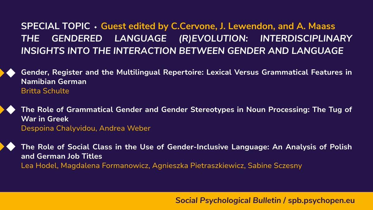 SocialPsychBull's tweet image. 🆕 It is finally here – our new Special Topic sheds new (interdisciplinary) light on the inextricably intertwined ways we think about #gender(s) and #language(s). The special topic, guest-edited by C. Cervone, J. Lewendon, &amp;amp; A. Maass, is openly available: spb.psychopen.eu/index.php/spb/…