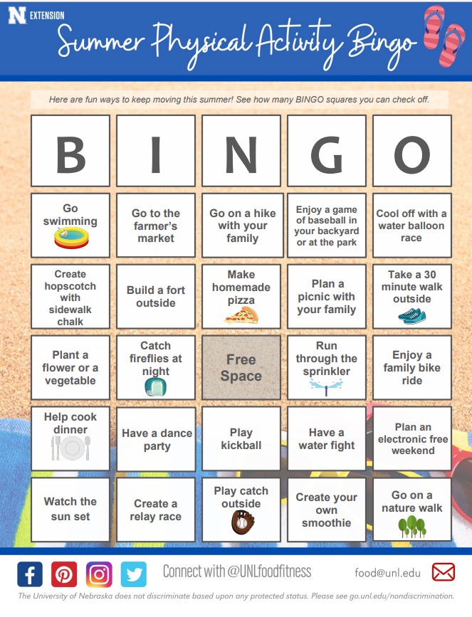 🏃‍♀️☀️ Keep your family active this summer with our Summer Physical Activity BINGO!

Fun, easy, and great for all ages—how many squares can you check off? ✅🎉

🎯 Download your card:
 food.unl.edu/sites/unl.edu.…
#SummerFun #StayActive #FamilyFitness