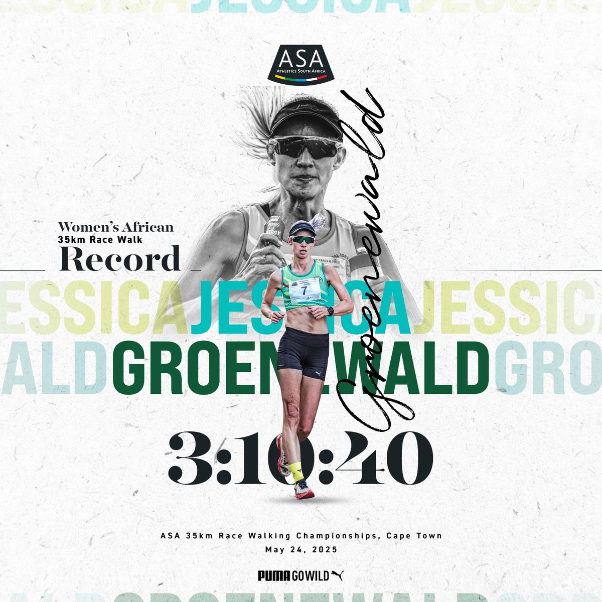 AthleticsSA_'s tweet image. 🔥 New African Record Alert! 🔥
Jessica Groenewald smashes the African Women’s 35km Race Walk record with a phenomenal time of 3:10:40 at the ASA 35km Race Walking Championships in Cape Town on May 24, 2025.
#ASA #RaceWalking
