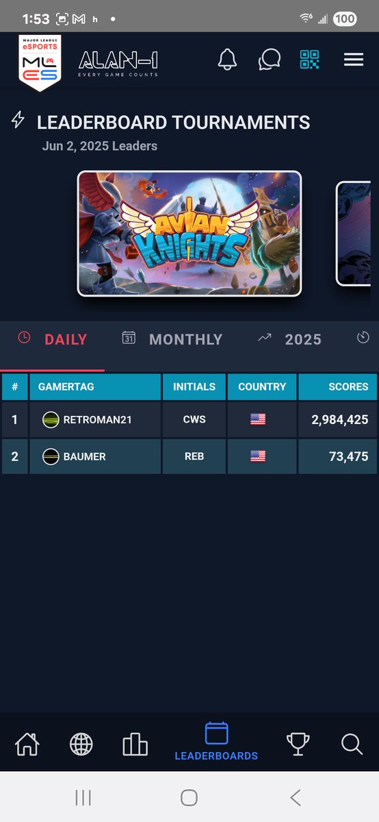 Using our free Major League eSports (MLeS) app, you can land in the top spot for any of our games. Here are the latest daily standings; monthly, annual, and event can be found in the app: