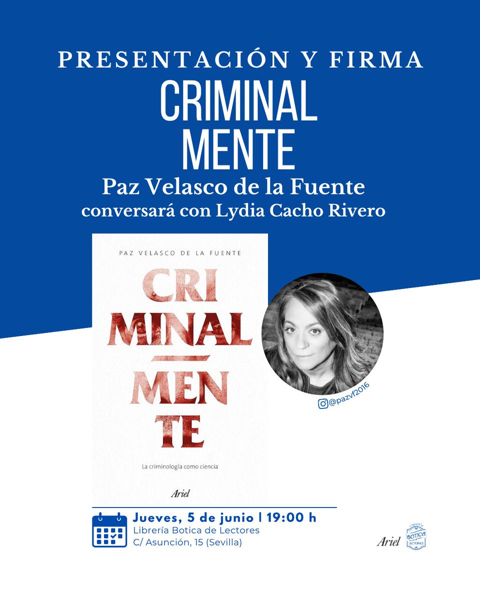 Librería Botica de Lectores (@libreriabotica) on Twitter photo 📅 Jueves, 5 junio · 19:00 h
📍 #BoticaDeLectores – C/ Asunción, 15
Presentamos #Criminalmente, de Paz Velasco (<a href="/CriminalmenteES/">Paz Velasco de la Fuente</a>), en conversación con Lydia Cacho Rivero.
True crime, mente criminal y perfiles que estremecen.
Entrada libre.
#TrueCrime #PsicologíaCriminal 📅 Jueves, 5 junio · 19:00 h
📍 #BoticaDeLectores – C/ Asunción, 15
Presentamos #Criminalmente, de Paz Velasco (<a href="/CriminalmenteES/">Paz Velasco de la Fuente</a>), en conversación con Lydia Cacho Rivero.
True crime, mente criminal y perfiles que estremecen.
Entrada libre.
#TrueCrime #PsicologíaCriminal