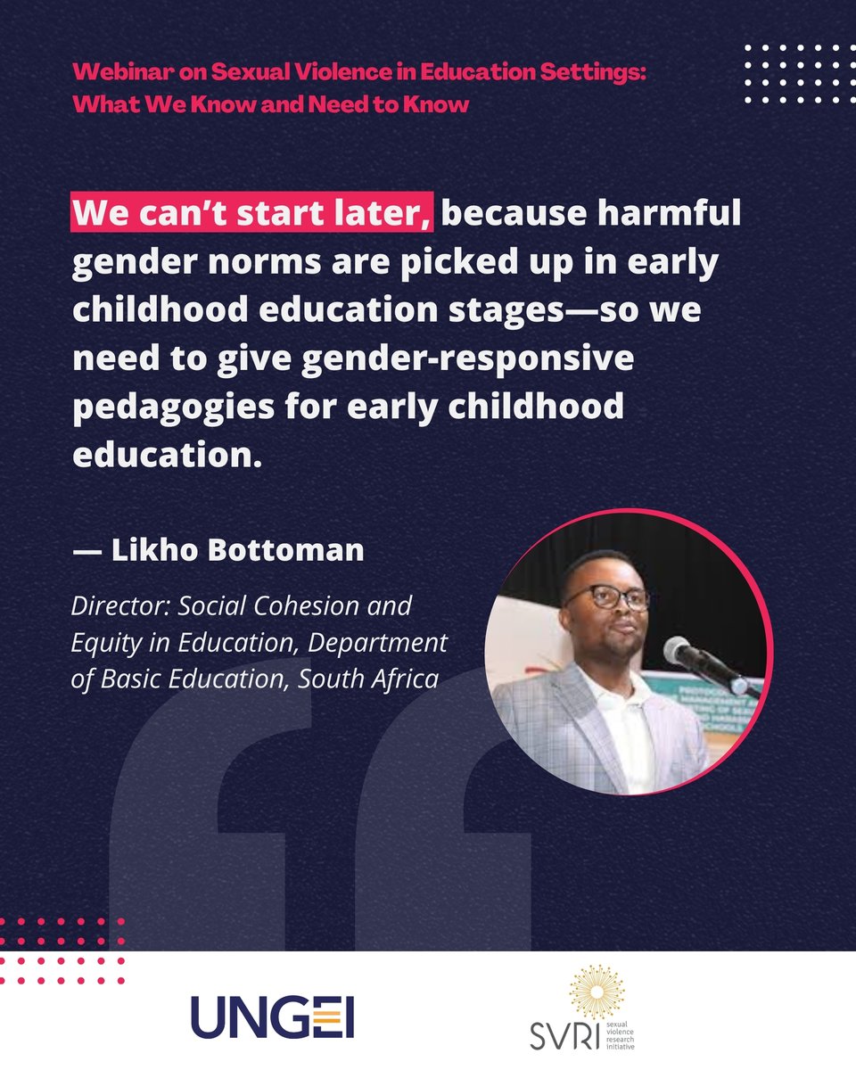 Thank you to everyone who joined our joint Webinar on Sexual Violence in Education Settings with SVRI today! Together, we exposed the scale of the problem, shared evidence-based solutions, and highlighted prevention priorities.

Swipe through to see key quotes 👇

#EndSRGBV