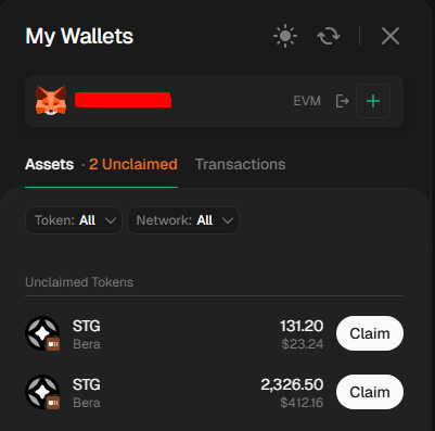 Stargate Bera'cılara kıyak geçmiş, alıntıladığım tweet serisinde $STG tokeni dropladıkları Boyco kasalarını sıralamışlar. Bana da 435 USD değerinde $STG gelmiş görünüyor.

stargate.finance

İlgili kasalardan herhangi birine yatırım yaptıysanız siteye sağ üstten cüzdan