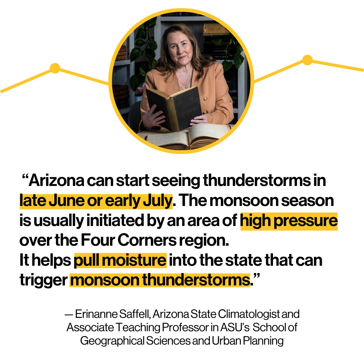 ☀️🌩️ What’s in store for Arizona this summer? 
Arizona State Climatologist and #SGSUP Associate Teaching Professor Erinanne Saffell tracks the atmosphere from #ASU’s Tempe campus using weather models, radar, and satellite to forecast what’s ahead. Her prediction: a