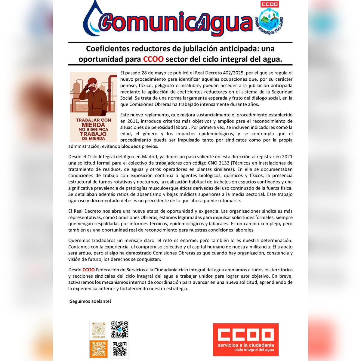 Coeficientes reductores de jubilación anticipada: una oportunidad para CCOO sector del ciclo integral del agua. 
Visita nuestra página.
agua.fsc.ccoo.es
#fscccoo #fscccoocia #ccoo
