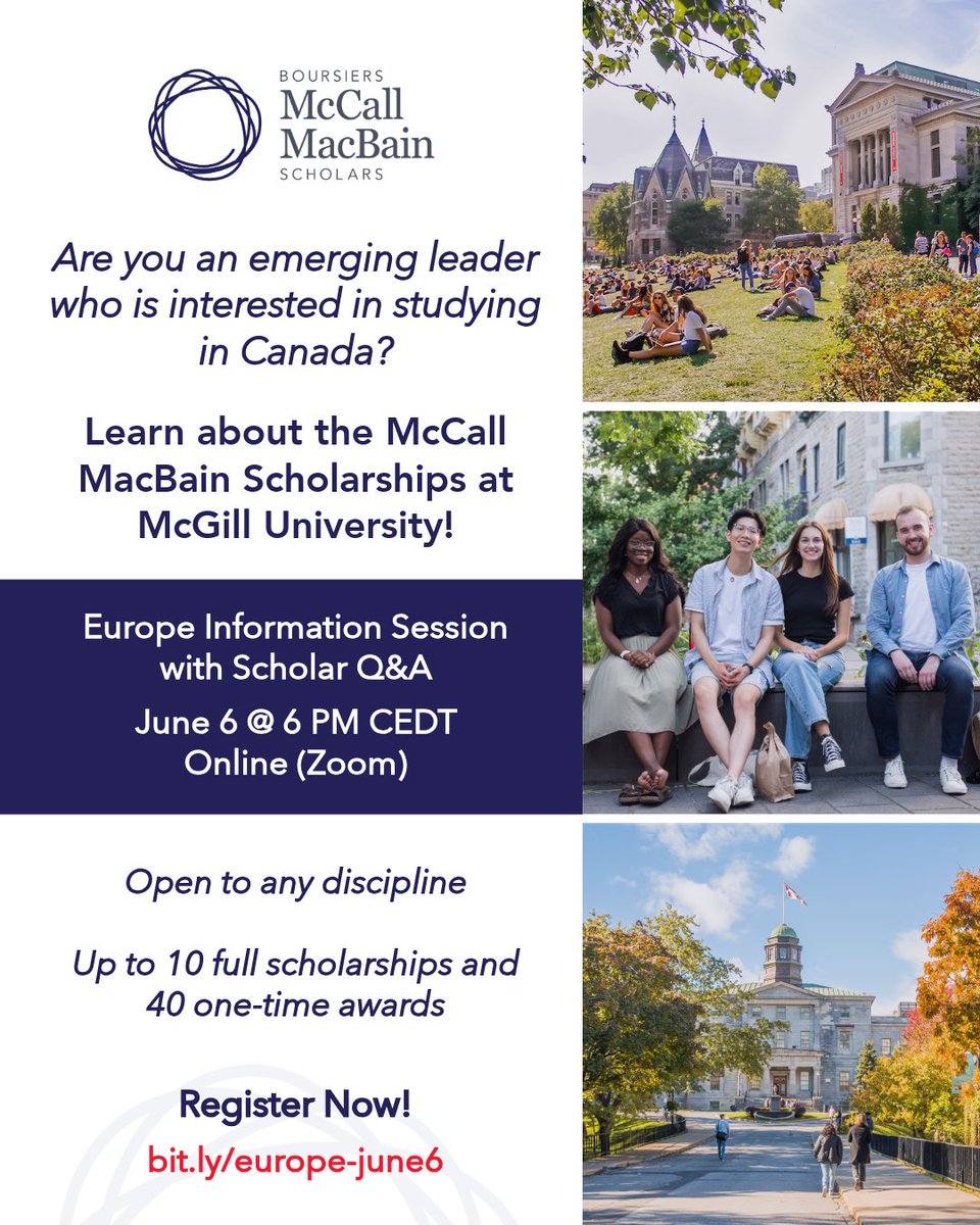 Boursiers McCall MacBain Scholars (@mmscholarships) on Twitter photo Are you a university student or alum in Europe interested in studying in Canada? 🇨🇦
Join us online on June 6 at 6pm CEDT for an info session about the McCall MacBain Scholarships at <a href="/mcgillu/">McGill University</a>, featuring a conversation with an incoming scholar from Europe.
bit.ly/europe-june6 Are you a university student or alum in Europe interested in studying in Canada? 🇨🇦
Join us online on June 6 at 6pm CEDT for an info session about the McCall MacBain Scholarships at <a href="/mcgillu/">McGill University</a>, featuring a conversation with an incoming scholar from Europe.
bit.ly/europe-june6