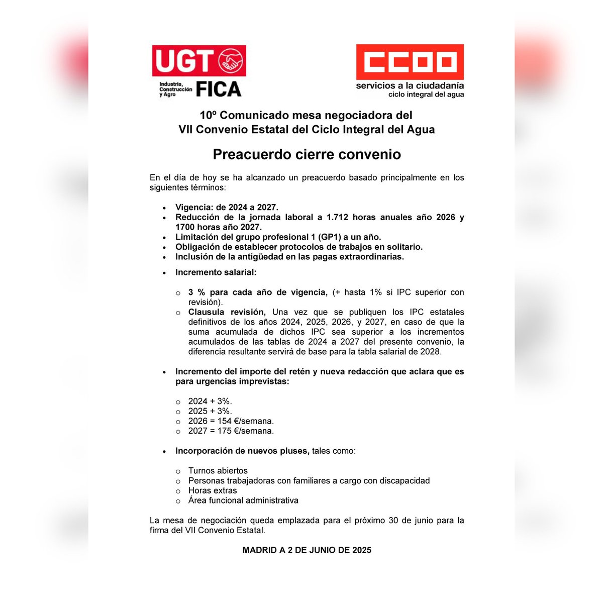 10º Comunicado mesa negociadora del
VII Convenio Estatal del Ciclo Integral del Agua
Preacuerdo cierre convenio.
Visita nuestra página.
agua.fsc.ccoo.es
#fscccoo #fscccoocia #ccoo