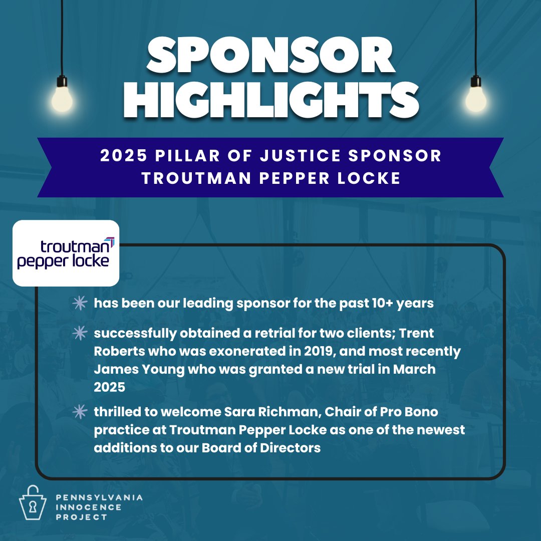 innocencepa's tweet photo. Since our inception in 2009, Troutman Pepper Locke has been an integral part of the Project. Their generous support in many ways helps us continue our goal to unlock the truth, and free the innocent. We thank them for all of the ways that they contribute to our organization. https://t.co/EnwSogujTe