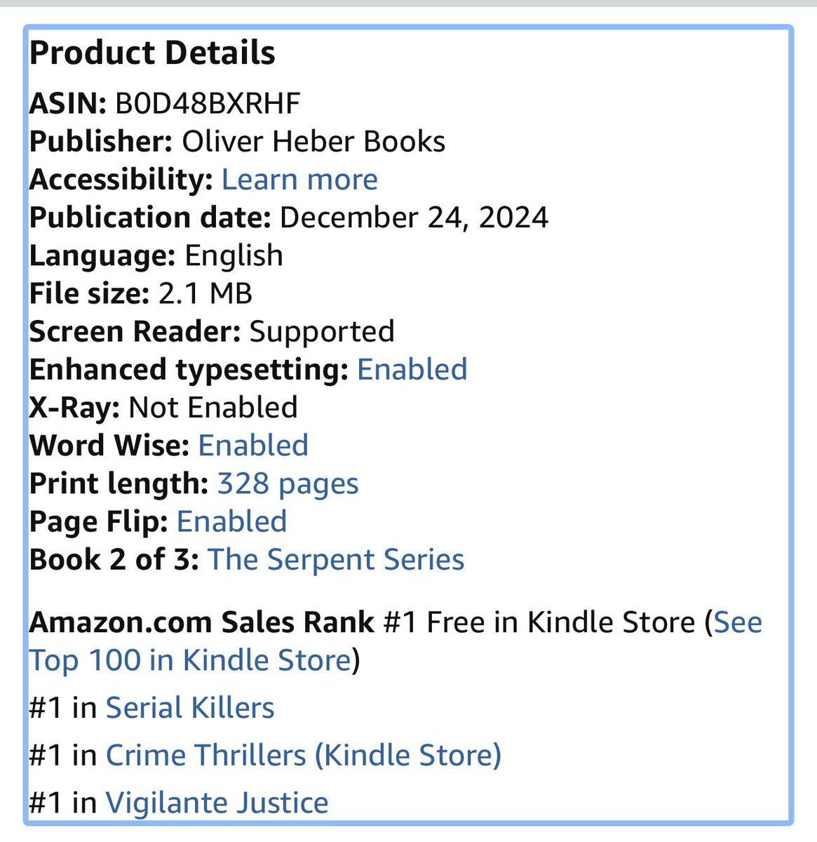 szestavillo's tweet photo. I woke up to The Serpent Woman sitting at #1 in every category on Amazon—and I’m still processing it, still pleasantly shocked.

This book nearly broke me while writing it. But it also healed something in me.
It’s FREE to download until June 4.

A detective on the trail of a female killer. But what if the men she’s killing are the real monsters?

📕 The Serpent Woman

🔥 Gritty. Unapologetic. Unputdownable.

https://t.co/dylCNR5vBN

#CrimeFiction #ThrillerBooks #VigilanteJustice #WritingCommunity #IndieAuthor #FreeBook #BookLovers #ReadingCommunity
