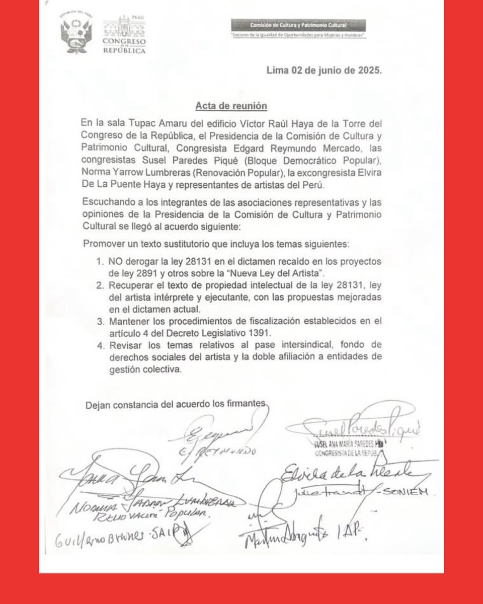 Hoy, la Comisión de Cultura del Congreso firmó un acta:
•No derogar la Ley 28131.
•Mantener las regalías para intérpretes.
•Respetar la propiedad intelectual.

¿Ganamos?
No. Esto es solo un compromiso.
El dictamen final se vota en el Pleno.
No podemos bajar la guardia.