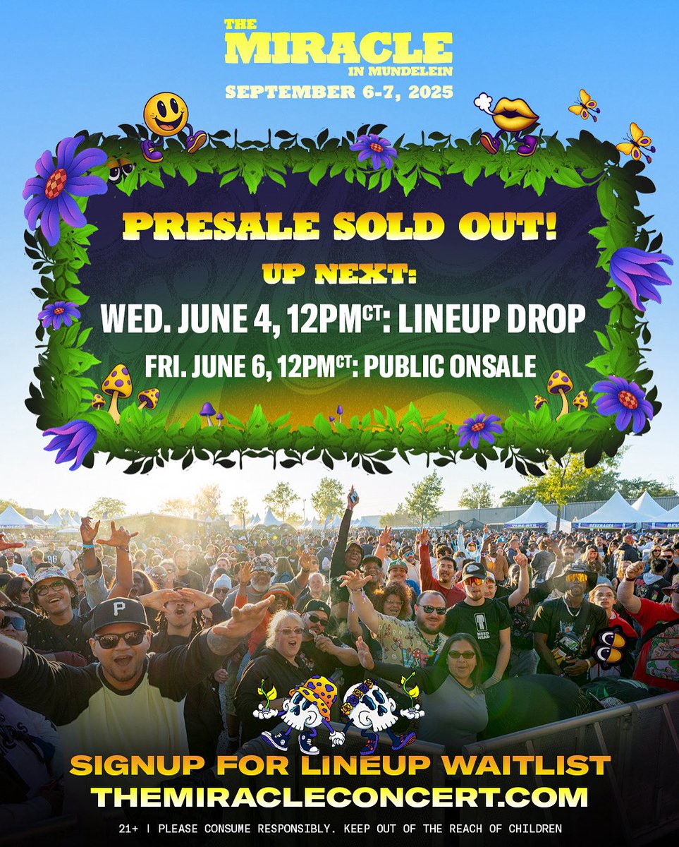 miracleconcert's tweet photo. 💨 PRESALE = GONE 💨
Next stop: LINEUP DROP → Wed, June 4 @ 12PM CT
Then: PUBLIC ONSALE → Fri, June 6 @ 12PM CT 🚨

We told you it was gonna move fast 👀
Lock in your spot on the lineup waitlist:
👉 https://t.co/Z2vtqOl9NY https://t.co/IlJIWDPFYq