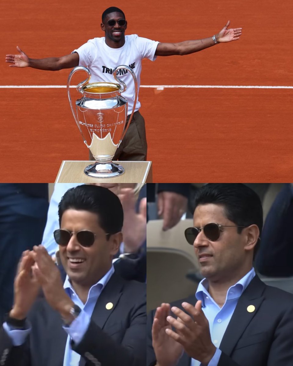 Ousmane Dembélé presentando la Champions League del PSG en Roland Garros mientras Nasser Al-Khelaifi le aplaude desde la grada. La secuencia que nunca pensaste que verías, pero que realmente sucedió. LOS CAMPEONES DE EUROPA.