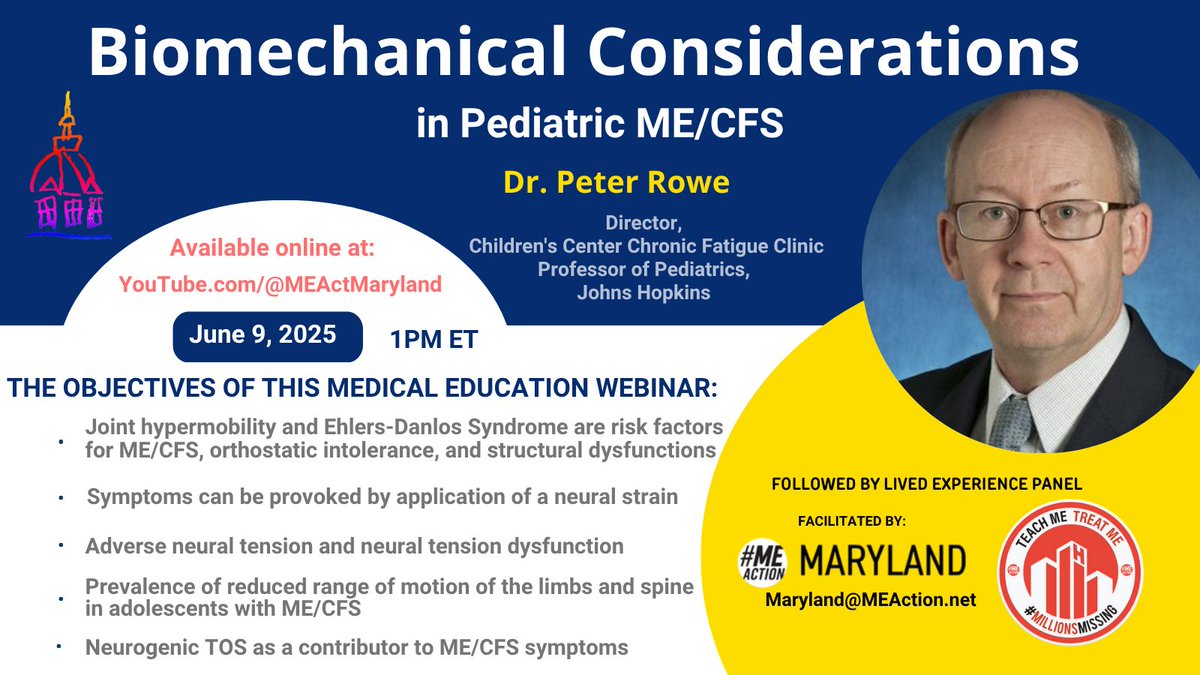 #MEActionMaryland (@meactmaryland) on Twitter photo June 9th at 1pm
#MEAction Maryland announces the 4th webinar in Evidence-Based Pediatric ME/CFS Medical Education Webinar Series by Dr. Peter Rowe: Biomechanical Manifestations in Pediatric ME/CFS
youtube.com/@MEActmaryland
<a href="/HopkinsKids/">Johns Hopkins Children's Center</a>
#ThoracicOutletSyndrome
#TOS
#Hypermobility June 9th at 1pm
#MEAction Maryland announces the 4th webinar in Evidence-Based Pediatric ME/CFS Medical Education Webinar Series by Dr. Peter Rowe: Biomechanical Manifestations in Pediatric ME/CFS
youtube.com/@MEActmaryland
<a href="/HopkinsKids/">Johns Hopkins Children's Center</a>
#ThoracicOutletSyndrome
#TOS
#Hypermobility