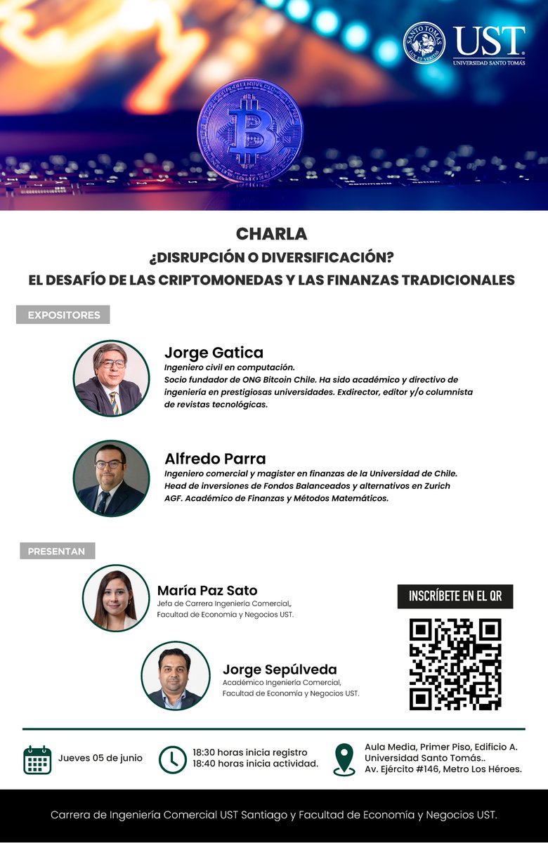 <a href="/SantoTomas_ST/">Santo Tomás</a> <a href="/ACHICRIP/">ONG ₿itcoin Chile ⚡</a> 

Charla sobre "Dinero digital y criptomonedas"

Jueves 5 de Junio, 18:30 horas
Aula Magna - Ejército 146, Santiago de Chile