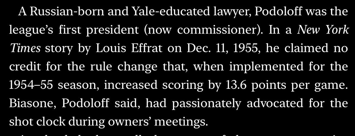 1954de basketbolda hücum süresinin gelişi. Skorlar bir önceki sezona göre yeni kurulmuş NBA’de maç başına 13 artmış. Daha fazla beklerdim? Gerçekten nasıl oluyordu acaba, hayalcimde bile canlanmıyor 3 sayı öncesi maçlar gibi