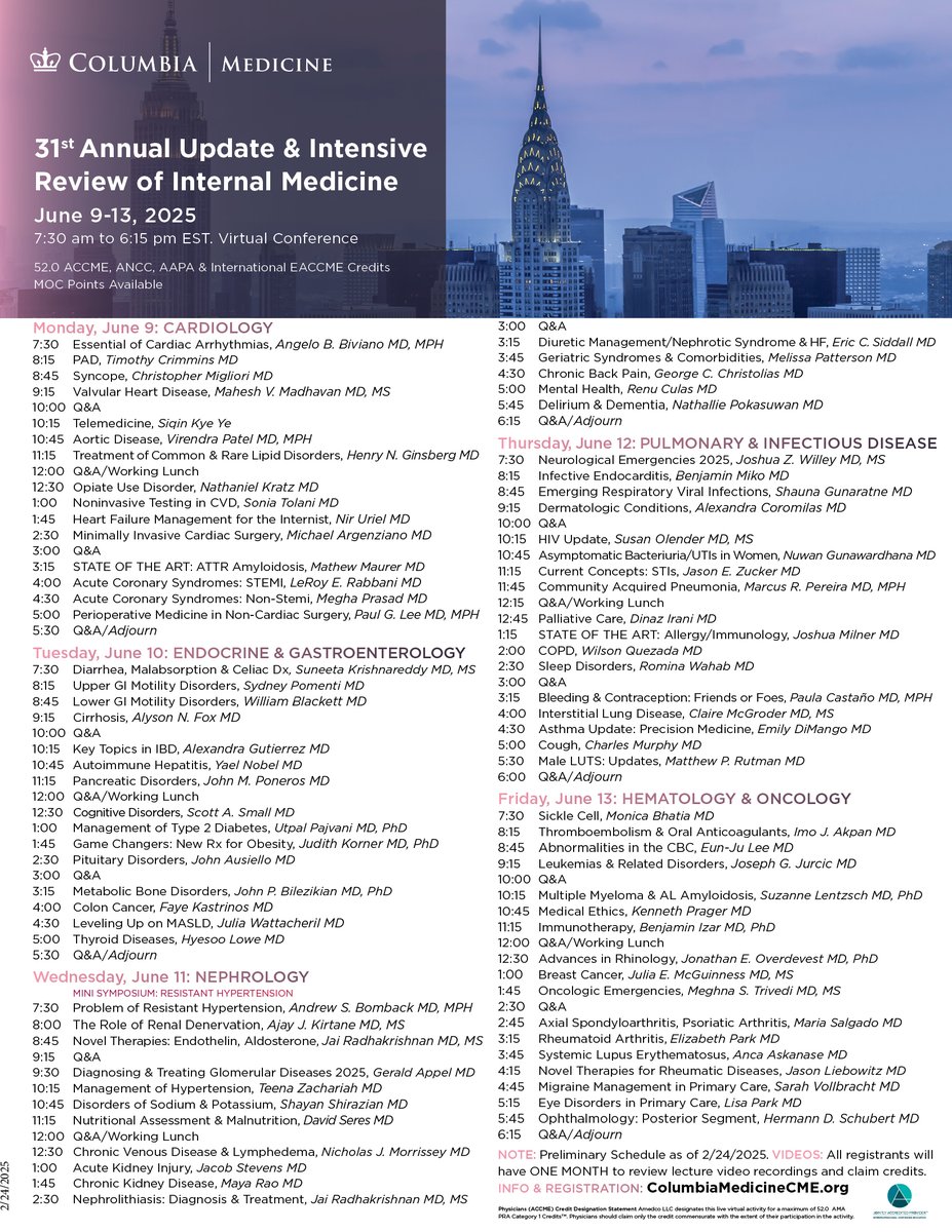 Jai Radhakrishnan (@jradnephro) on Twitter photo NEXT WEEK - 31st Annual Update & Intensive Review of #InternalMedicine - June 9-13, 2025 – a Virtual Program . 52.0 ACCME, ANCC, AAPA & International EACCME Credits. MOC Points. eventleaf.com/e/InternalMedi…
#FamilyMedicine #GeneralMedicine #MedEd #IMBoardReview #HospitalMedicine NEXT WEEK - 31st Annual Update & Intensive Review of #InternalMedicine - June 9-13, 2025 – a Virtual Program . 52.0 ACCME, ANCC, AAPA & International EACCME Credits. MOC Points. eventleaf.com/e/InternalMedi…
#FamilyMedicine #GeneralMedicine #MedEd #IMBoardReview #HospitalMedicine